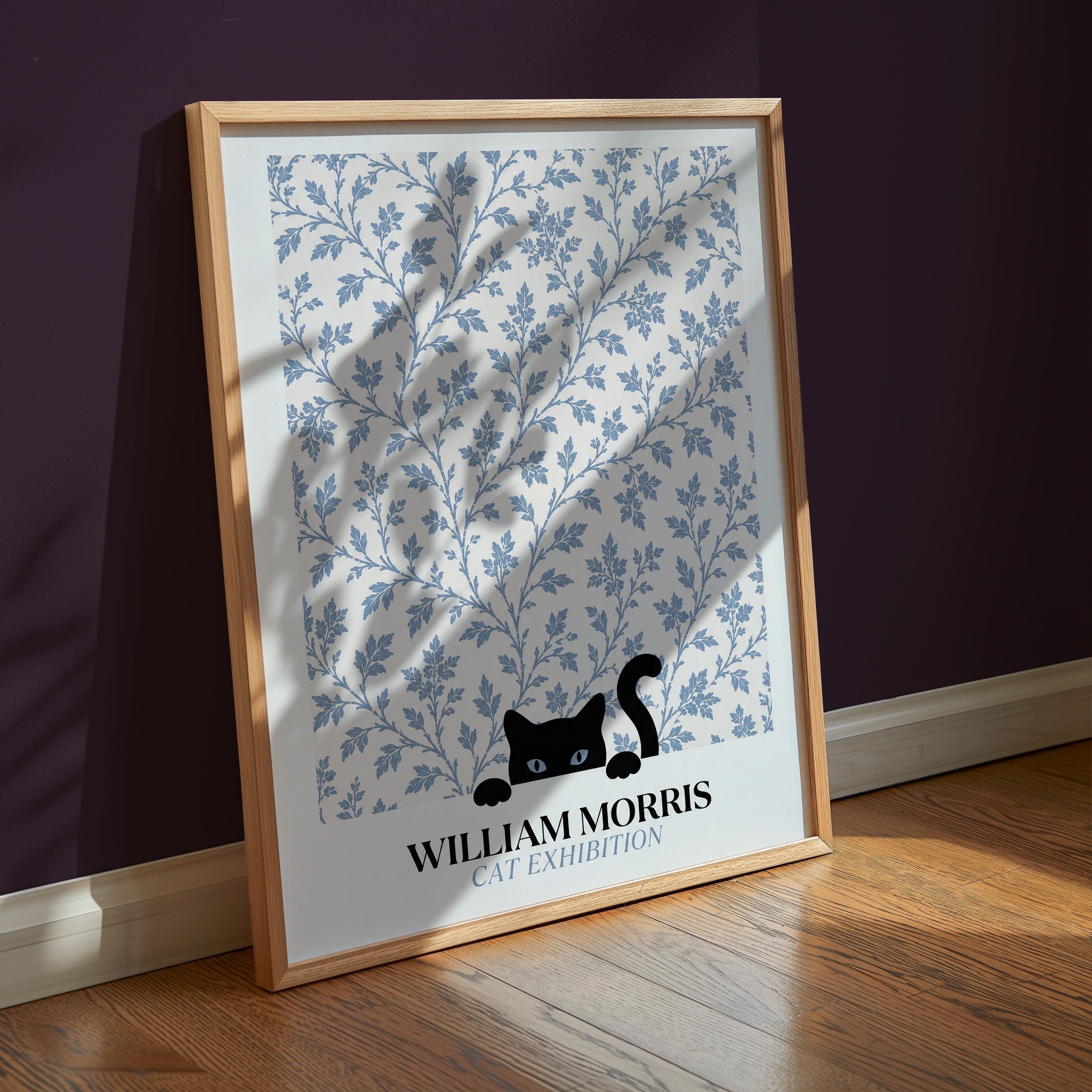 Cat in the Willow William Morris Poster – svart katt i William Morris minimalistiska pilmönster i blågrått
