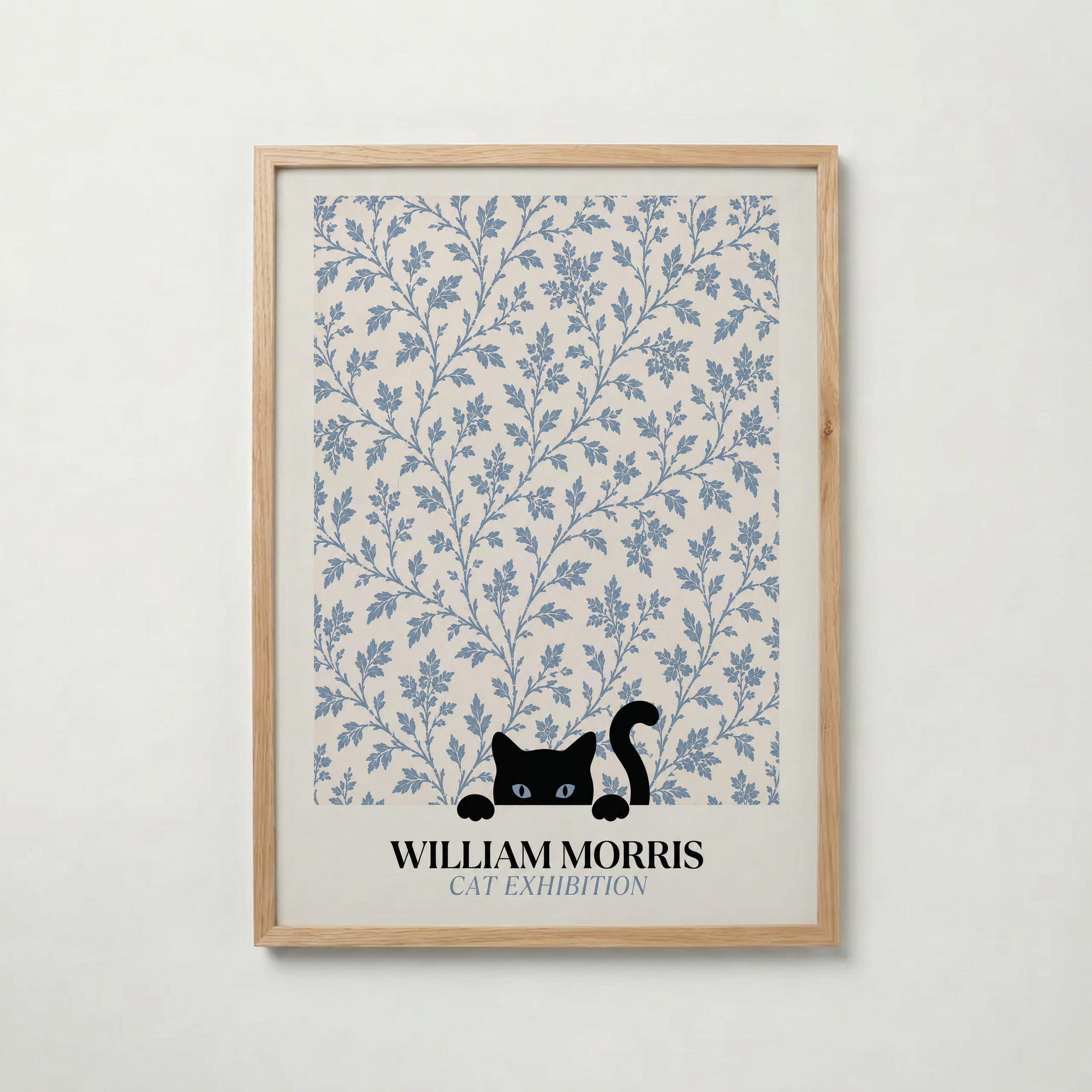 Cat in the Willow William Morris Poster – svart katt i William Morris minimalistiska pilmönster i blågrått