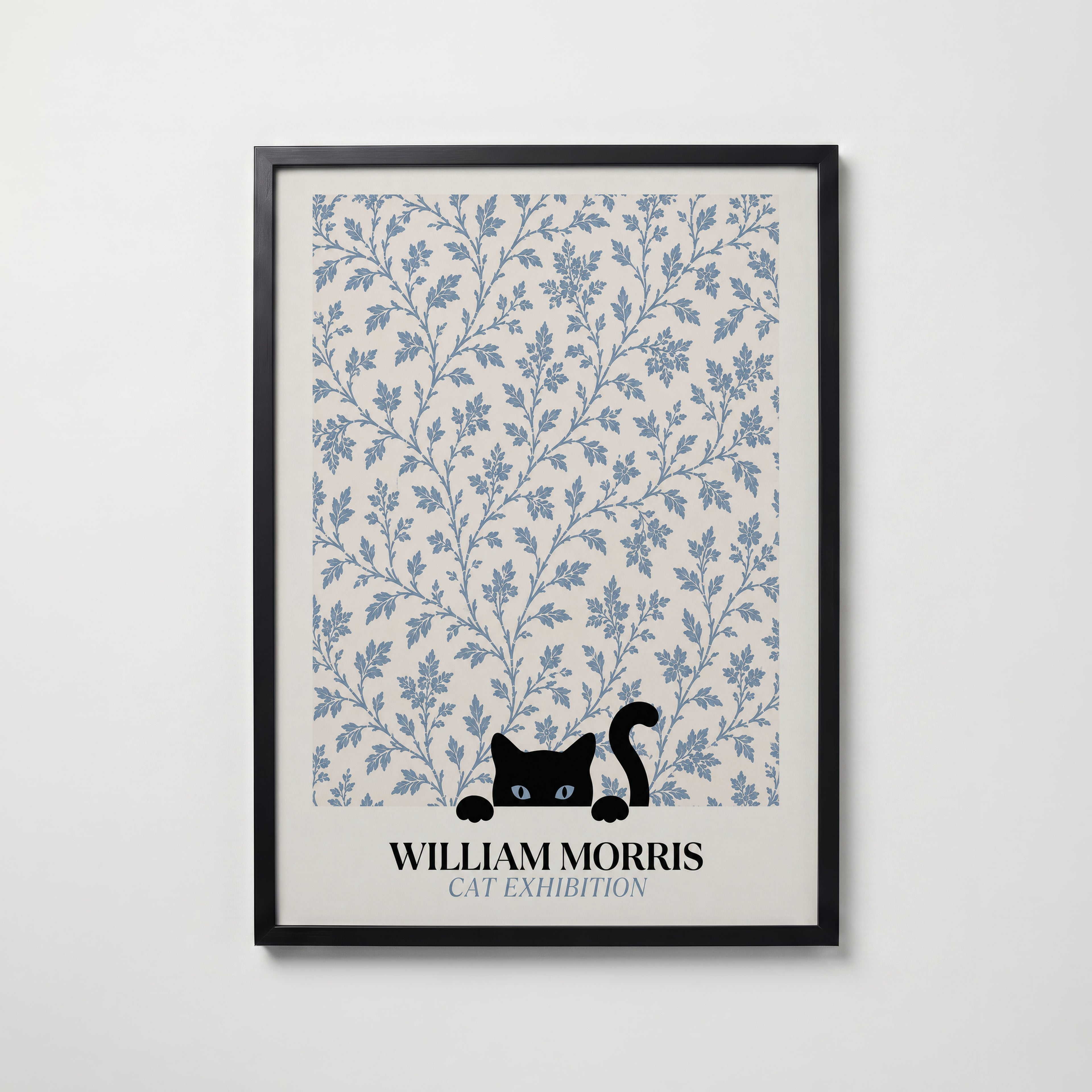 Cat in the Willow William Morris Poster – svart katt i William Morris minimalistiska pilmönster i blågrått