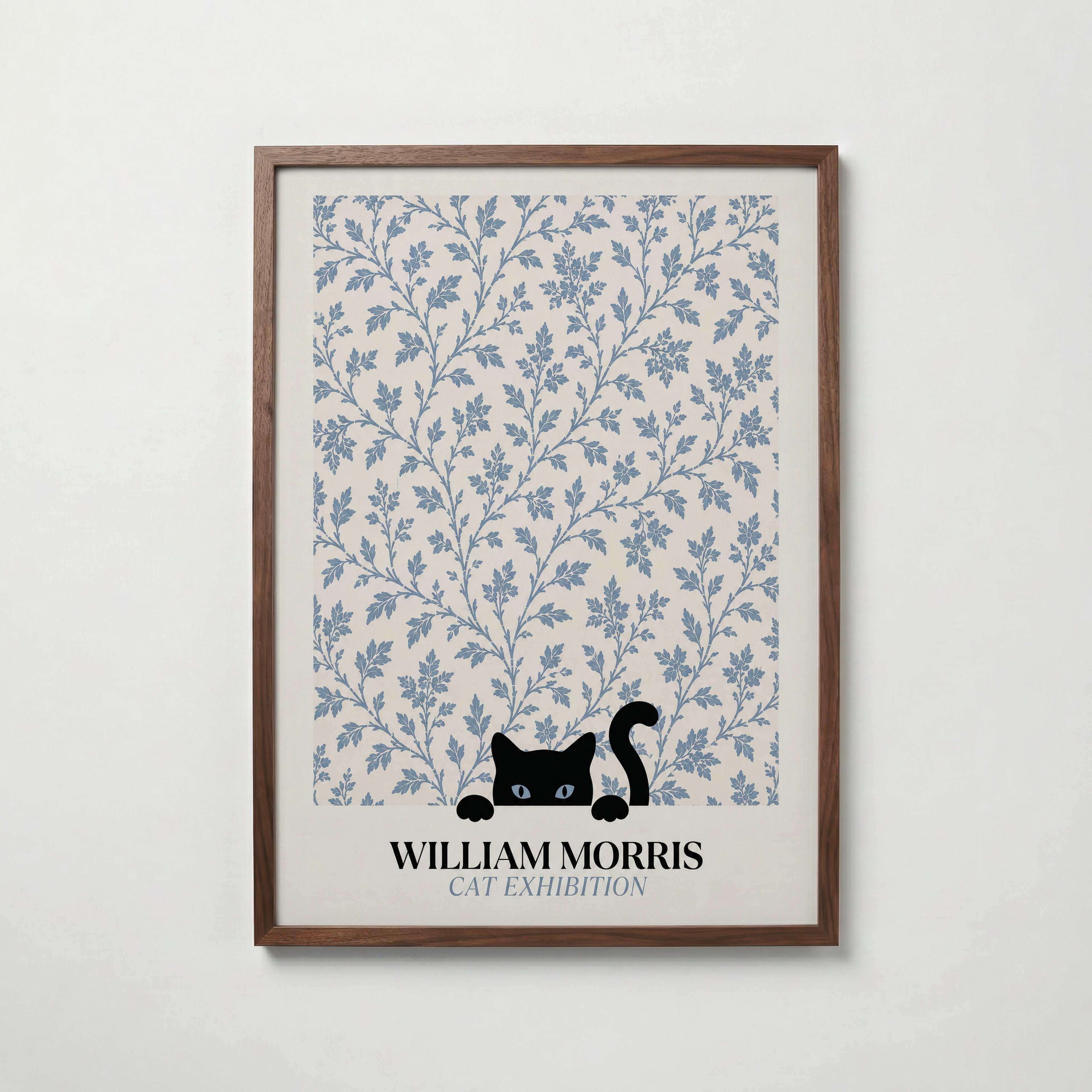 Cat in the Willow William Morris Poster – svart katt i William Morris minimalistiska pilmönster i blågrått