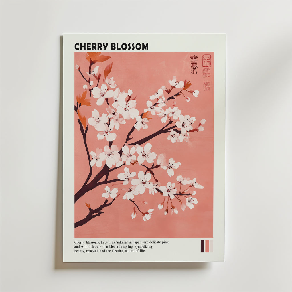 Postern Whispers of Sakura Poster by Bozetto visar körsbärsblommande grenar med vita och rosa blommor på en mjuk rosa bakgrund. "CHERRY BLOSSOM" står det överst och japansk estetik hedras med en kort beskrivning nedan.