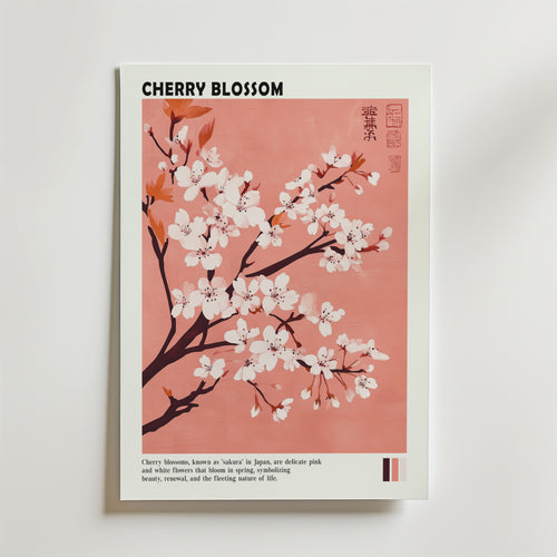 Postern Whispers of Sakura Poster by Bozetto visar körsbärsblommande grenar med vita och rosa blommor på en mjuk rosa bakgrund. "CHERRY BLOSSOM" står det överst och japansk estetik hedras med en kort beskrivning nedan.