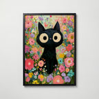 Colorful Cat in Bloom Poster – svart katt i färgsprakande blomhav i svart ram, tryckt i Sverige