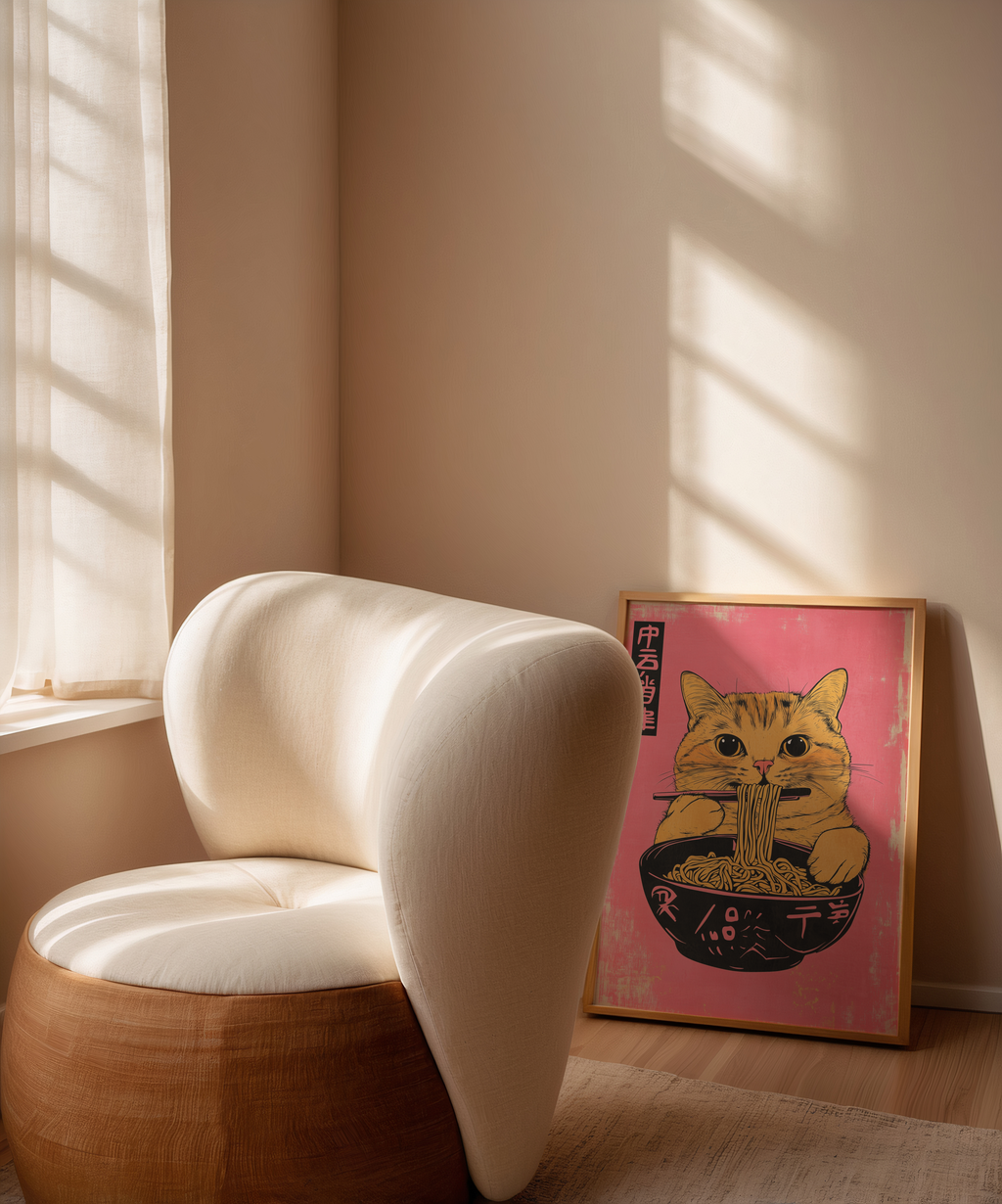 Yellow Cat Eats Noodle Poster