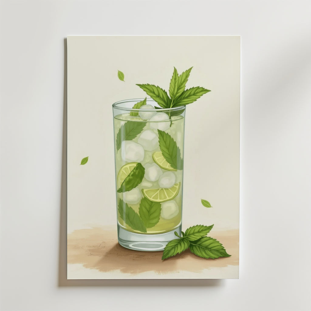 Bozetto Iced Mojito Drink Poster visar ett glas fyllt med is, limeskivor och färska myntablad, med mer mynta och lime i botten, allt tryckt på premiumpapper med högkvalitativ finish.