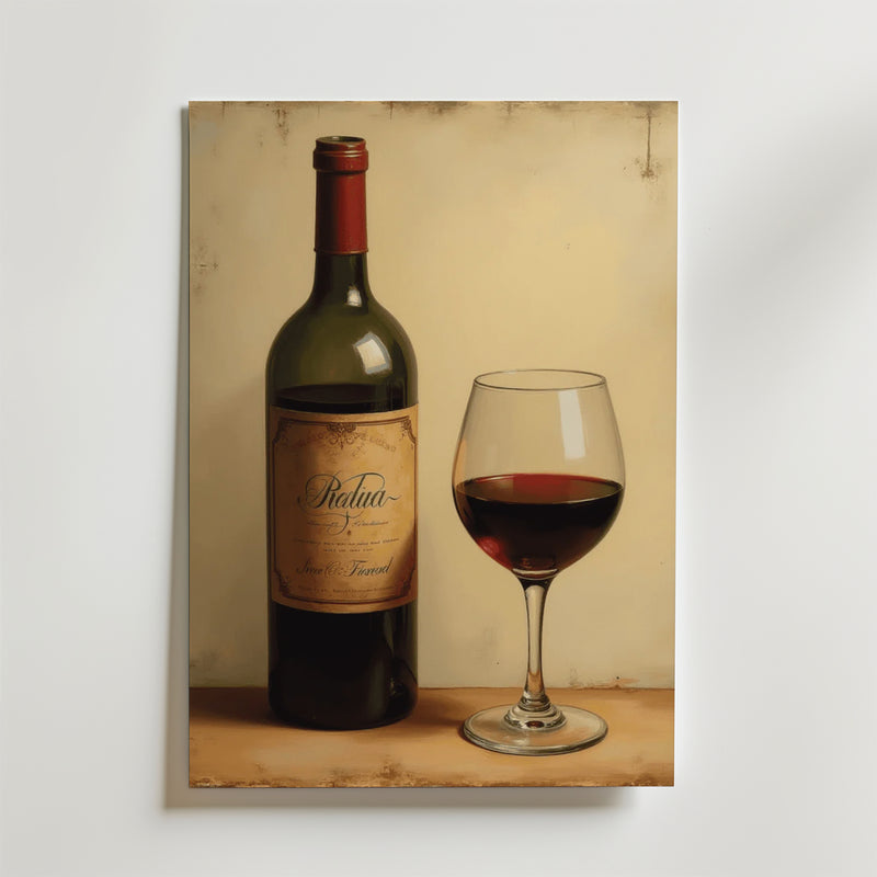 Bozetto Classic Red Wine Poster visar en vinflaska och ett glas på en ljus yta med beige bakgrund, perfekt för inredning och tryckt på högkvalitativt premiumpapper.