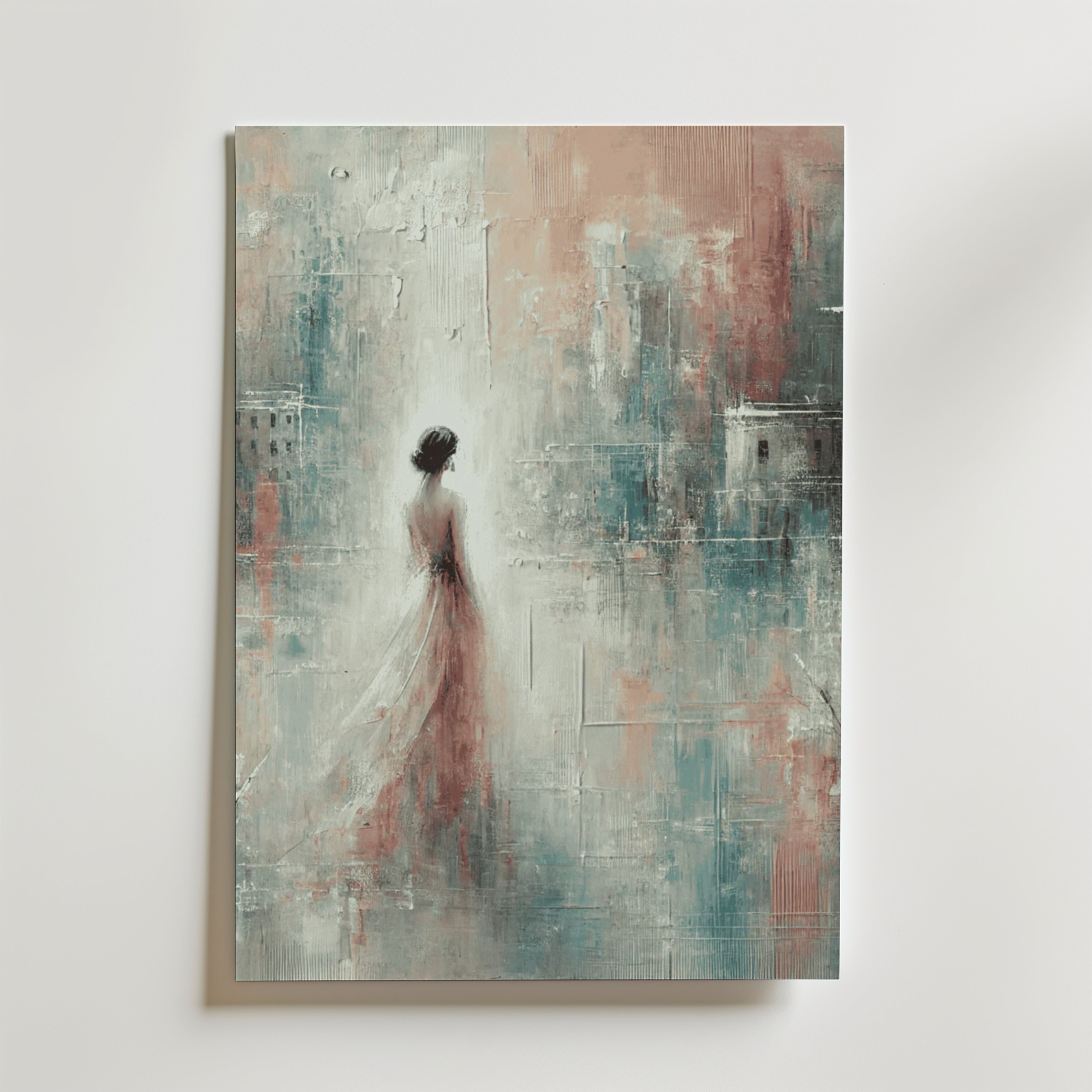 A Fragile Memory No.2 Poster by Bozetto föreställer en kvinna i en blommig klänning med ryggen vänd mot en mjuk, drömsk abstrakt bakgrund i blått, rosa och vitt, vackert tryckt på premiumpapper.