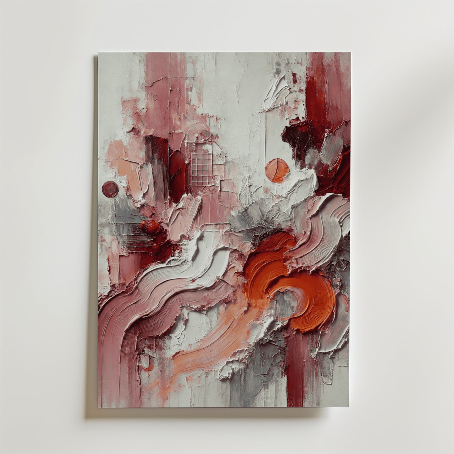 Bozetto Fluid Geometry Poster har texturerade virvlar och djärva böjda linjer i rött, orange, rosa och vitt på matt premiumpapper, vilket skapar en slående abstrakt look med skiktade, grova ytor.