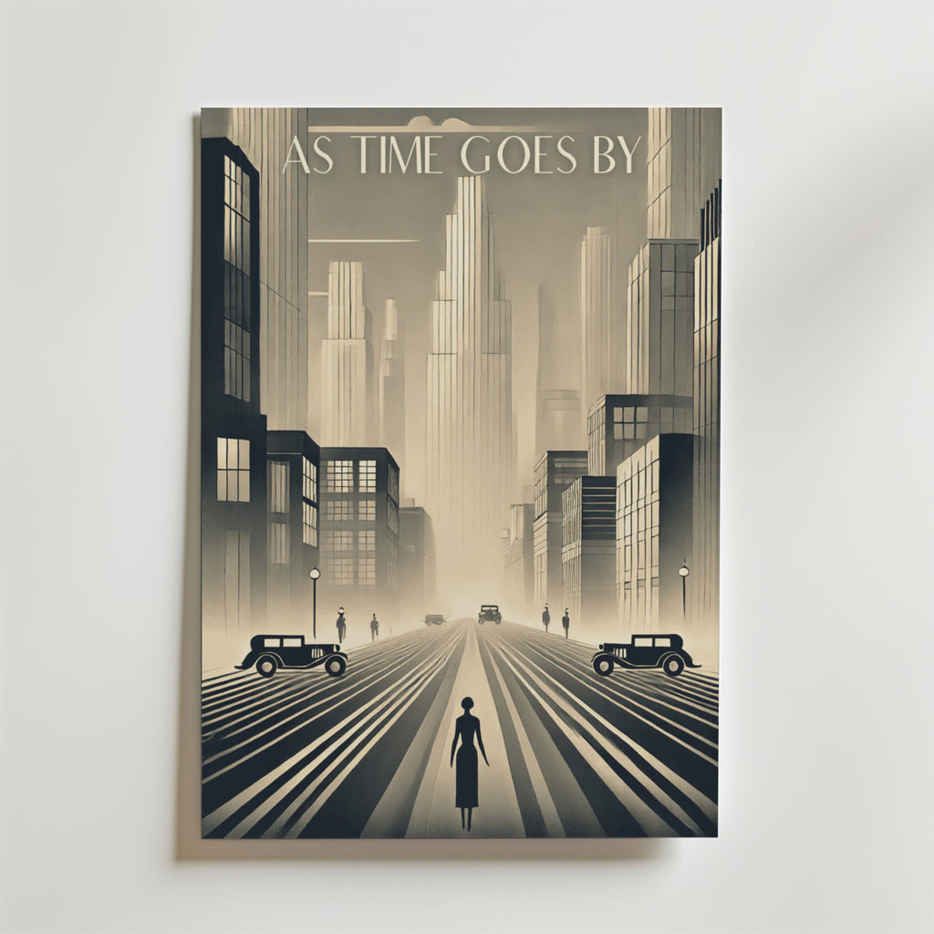 Bozetto As Time Goes By No.2 Poster visar en ensam figur på en vintage stadsgata med bilar och skyskrapor, tryckt på premiumpapper med en lyxig matt yta för en elegant och tidlös Art Deco look.