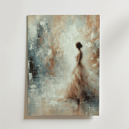 Bozetto "A Fragile Memory Poster" föreställer en suddig kvinnofigur i en flödande klänning på en abstrakt, texturerad bakgrund i mjukt blått, beige och brunt, vilket skapar en drömsk stämning, tryckt på premiumpapper.