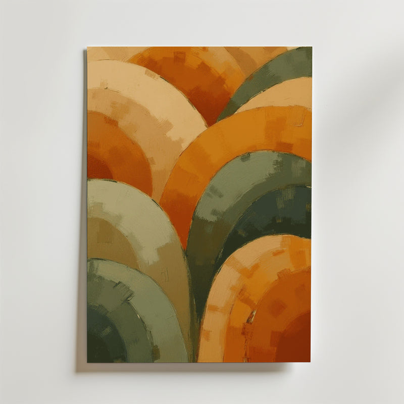 Abstrakt Rolling Colors Poster från Bozetto har överlappande halvcirkelformade former i jordnära toner på vitt, med synliga penseldrag för extra textur och djup, tryckt på premiumpapper för en förfinad finish.