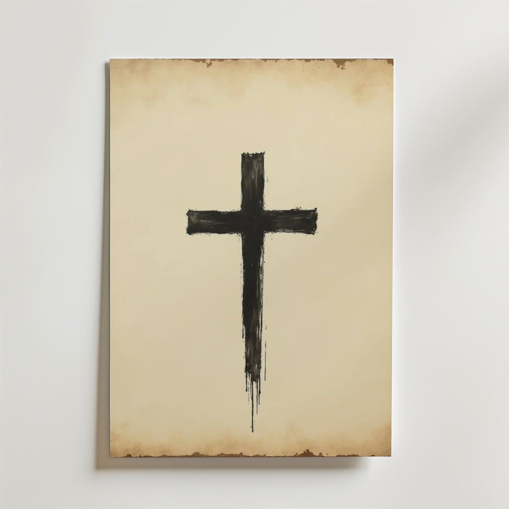 Silent Amen Poster by Bozetto föreställer ett svart, grovt borstat kors på gammalt, gulnat premiumpapper med blekta, fläckiga kanter och en lyxig matt finish, mot en vit bakgrund.