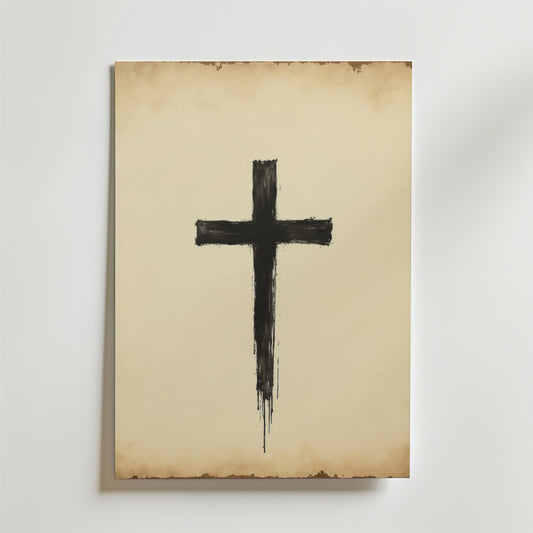 Silent Amen Poster by Bozetto föreställer ett svart, grovt borstat kors på gammalt, gulnat premiumpapper med blekta, fläckiga kanter och en lyxig matt finish, mot en vit bakgrund.