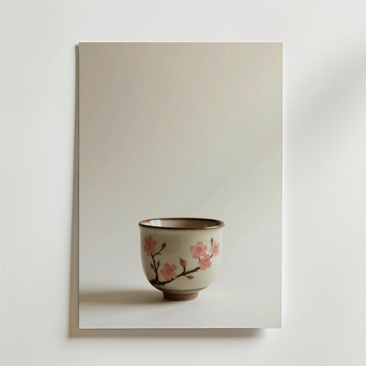 Bozetto Cherry Blossom Ceramic Cup Poster visar en keramikkopp med rosa körsbärsblommor och grenar mot en ljus bakgrund. Affischen är tryckt på premiumpapper och ger elegans och hållbar kvalitet till alla utrymmen.