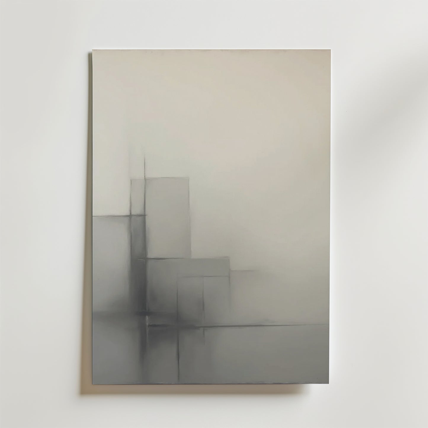 The Whispers of Structure Poster by Bozetto är ett minimalistiskt abstrakt print på premiumpapper med mjuka grå geometriska former och linjer på en neutral bakgrund med en subtil gradient och en lyxig matt yta.