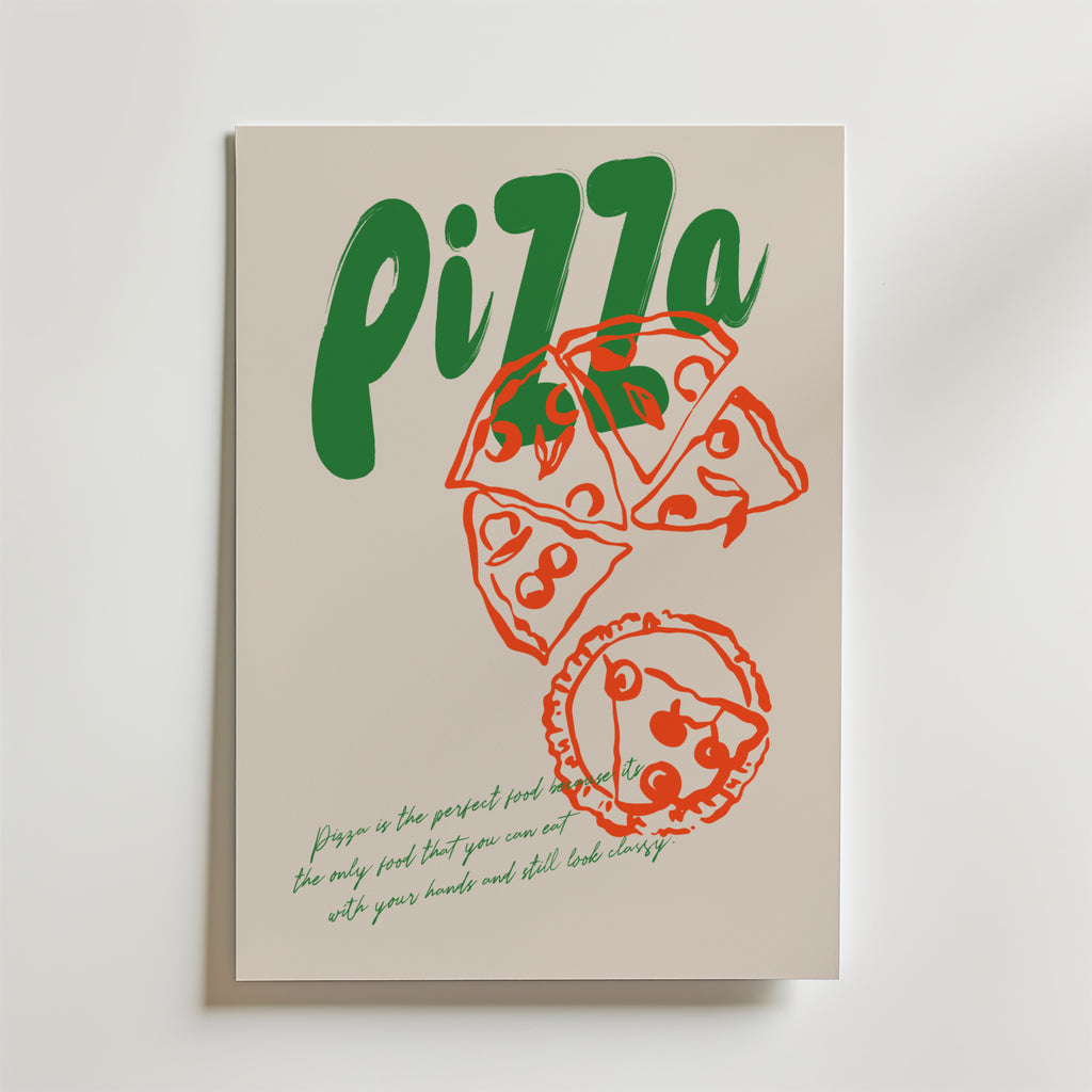 Cheesy Dreams Poster från Bozetto har "Pizza" i feta gröna bokstäver, röda linjer av pizzaslices och en hel pizza samt grön kursiv längst ner - perfekt inredning för alla som älskar god mat eller pizza.