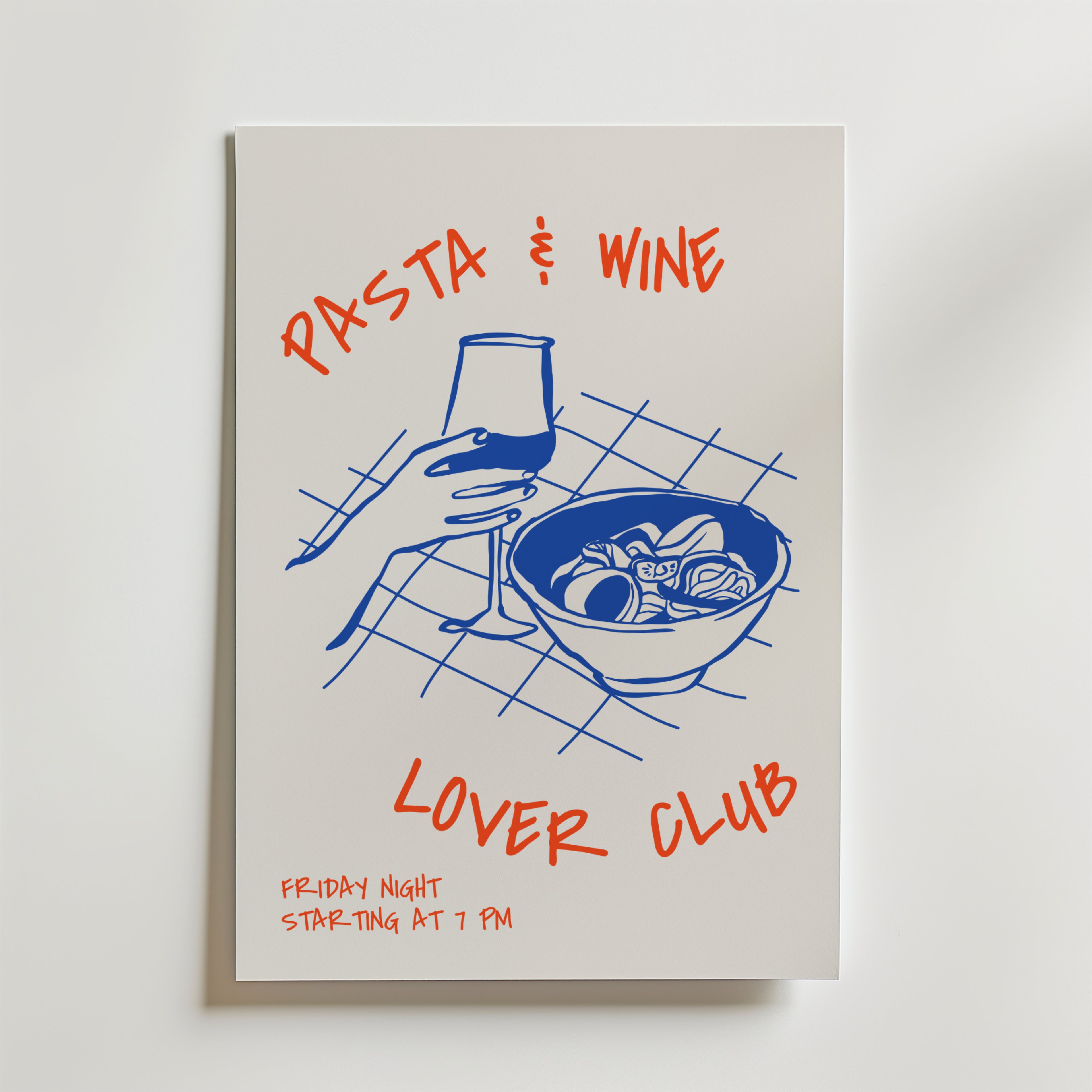 Dinner Ritual Poster från Bozetto visar handritad konst av en hand med ett vinglas och en pastaskål - perfekt som mittpunkt i matsalen.