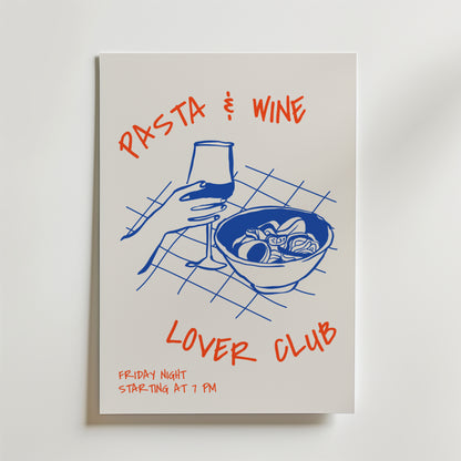 Dinner Ritual Poster från Bozetto visar handritad konst av en hand med ett vinglas och en pastaskål - perfekt som mittpunkt i matsalen.