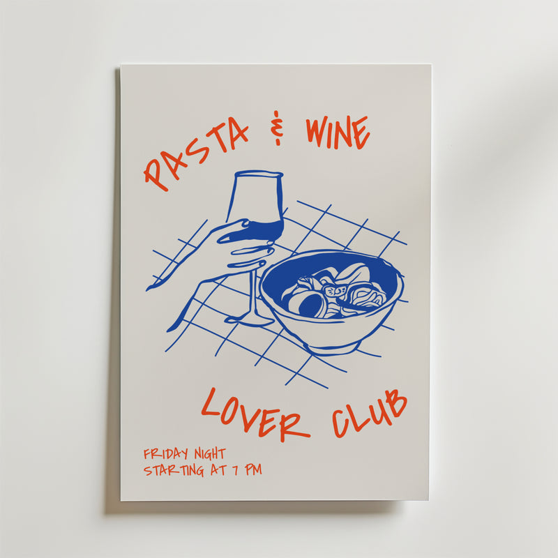 Dinner Ritual Poster från Bozetto visar handritad konst av en hand med ett vinglas och en pastaskål - perfekt som mittpunkt i matsalen.