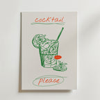 Cocktail Please Poster från Bozetto föreställer en handritad somrig cocktail med lime- och gurkskivor, sugrör och texten "cocktail" och "please" - perfekt köksdekor eller lekfull röd och grön bar art för din vägg.