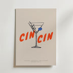 Bozetto Cin Cin Classic Collection Poster föreställer ett minimalistiskt martiniglas med oliv och fet röd CIN CIN text, perfekt som italiensk poster eller till ditt kök. "Classic Cocktail Collection Poster No. 01" visas längst ner.