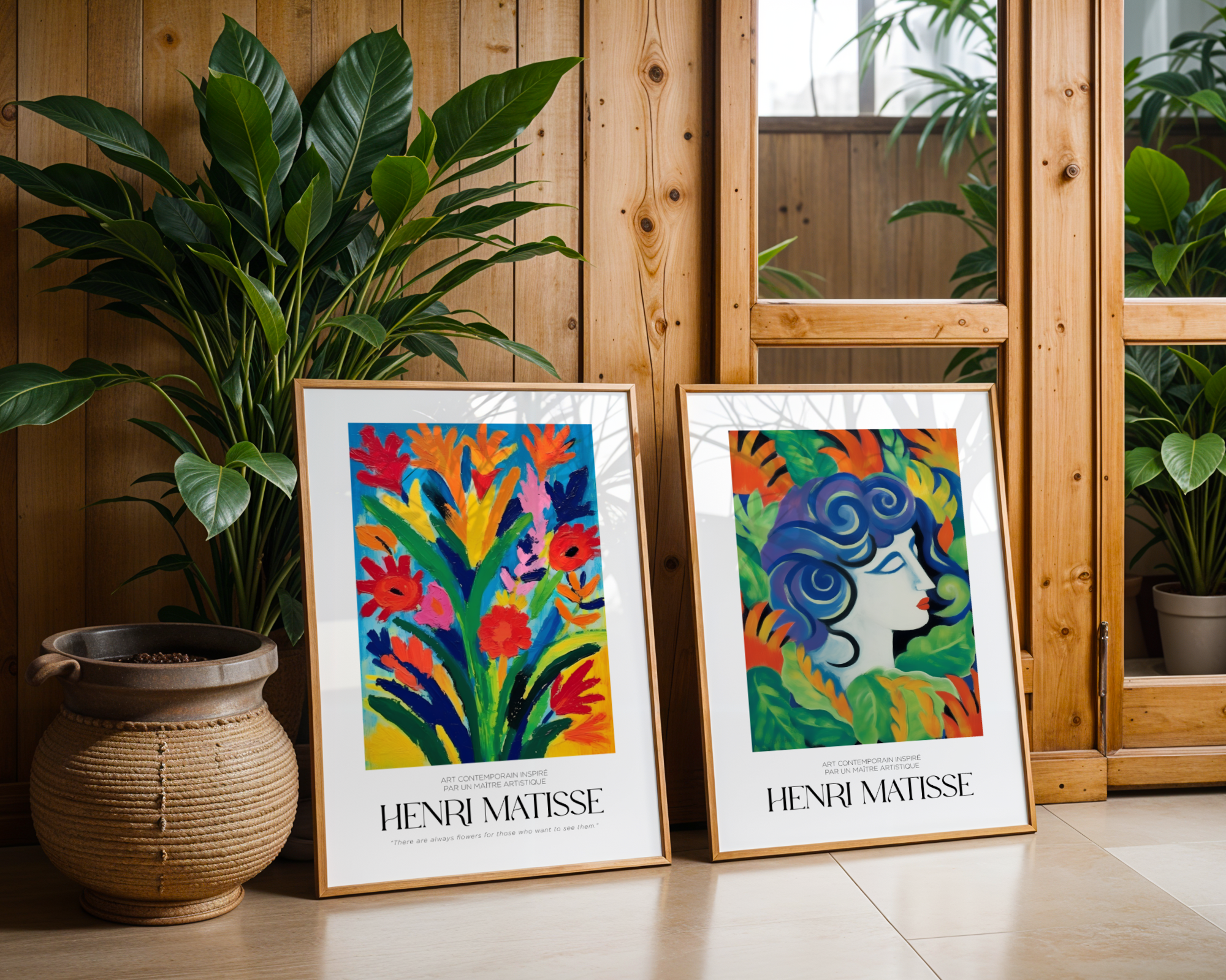 Två inramade Bozetto Bundle 2-pack Henri Matisse No. 2 konsttryck vilar på golvet mot en trävägg, bredvid stora krukväxter och en spegel som reflekterar grönska i ett mysigt, solbelyst rum.
