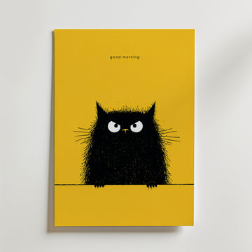 Good Morning Poster – lurvig svart katt på gul bakgrund på canvas, tryckt i Sverige