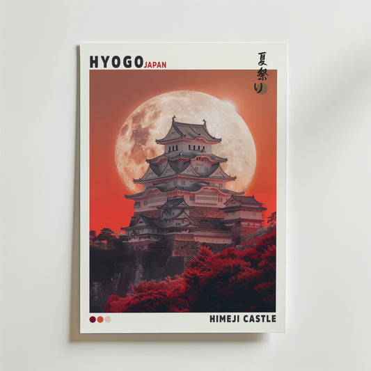 Bozetto Hyogo Castle Poster visar Himeji Castle i Japan under en livlig fullmåne och röd himmel, med japanska tecken, festivalmotiv och djärvt rött bladverk i förgrunden för en slående visuell attraktion.
