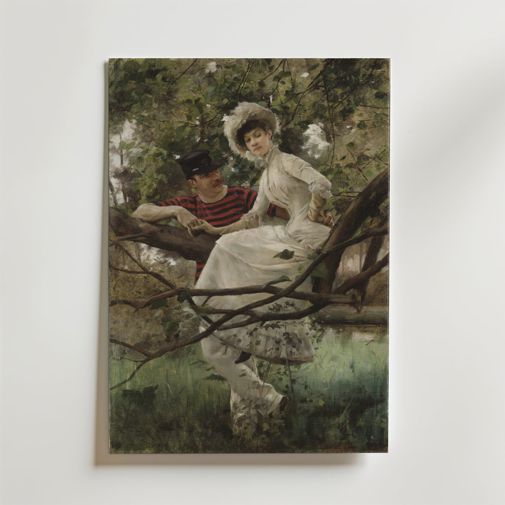 En man i randigt och en kvinna i vit klänning sitter på en trädgren bland frodiga bladverk - en idyllisk scen från Bozetto Carl Larsson Idyll Poster, perfekt för elegant inredning.