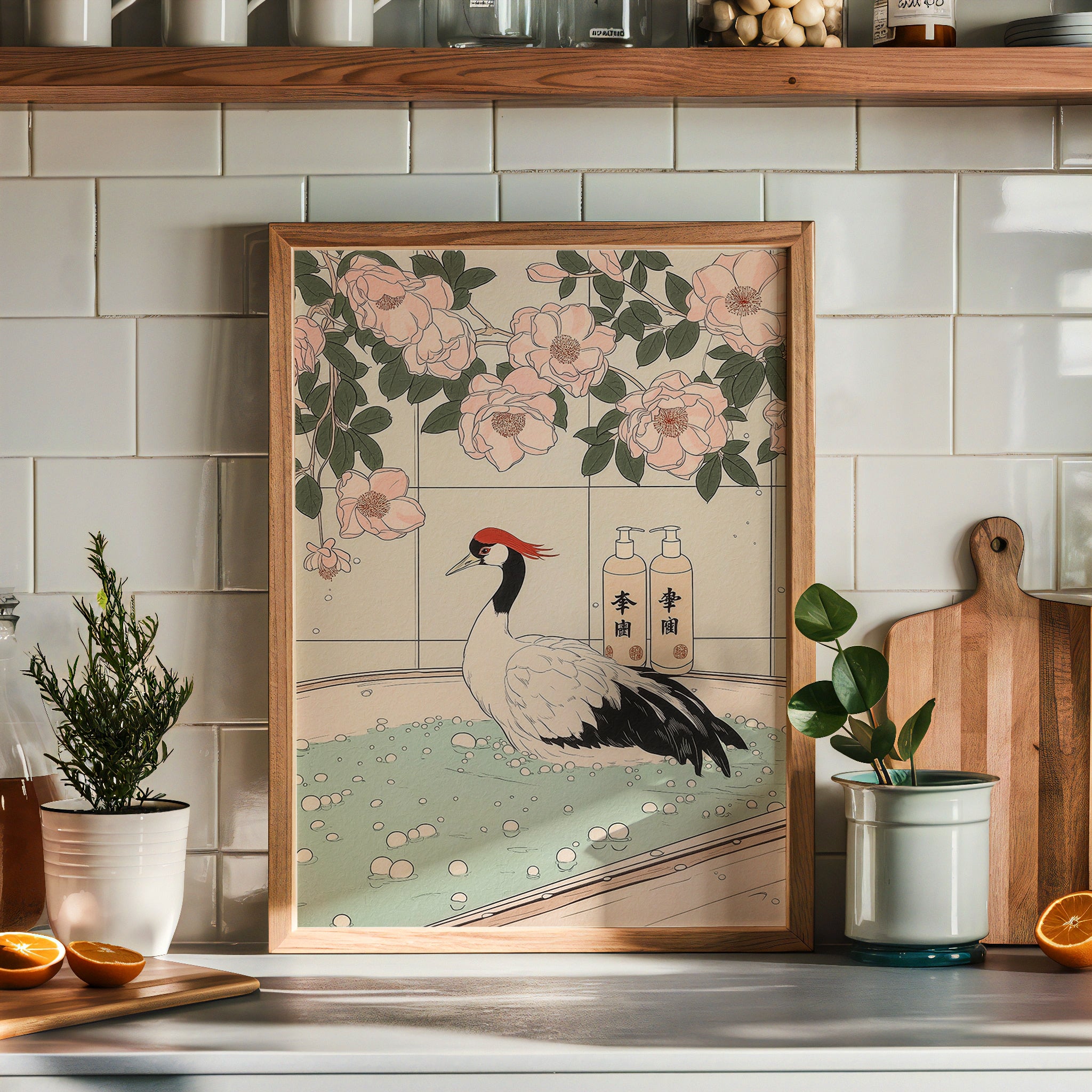 Crane In Blossom Bath Poster
