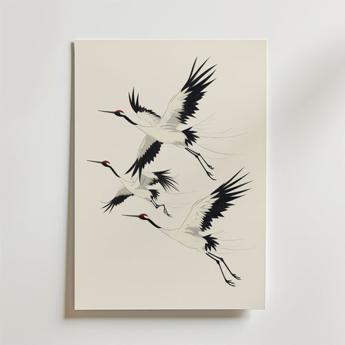 Bozetto Cranes in Flight Poster - tre eleganta tranor med svartvita fjädrar och röda kronor på ljus bakgrund, en harmonisk och tidlös dekoration.