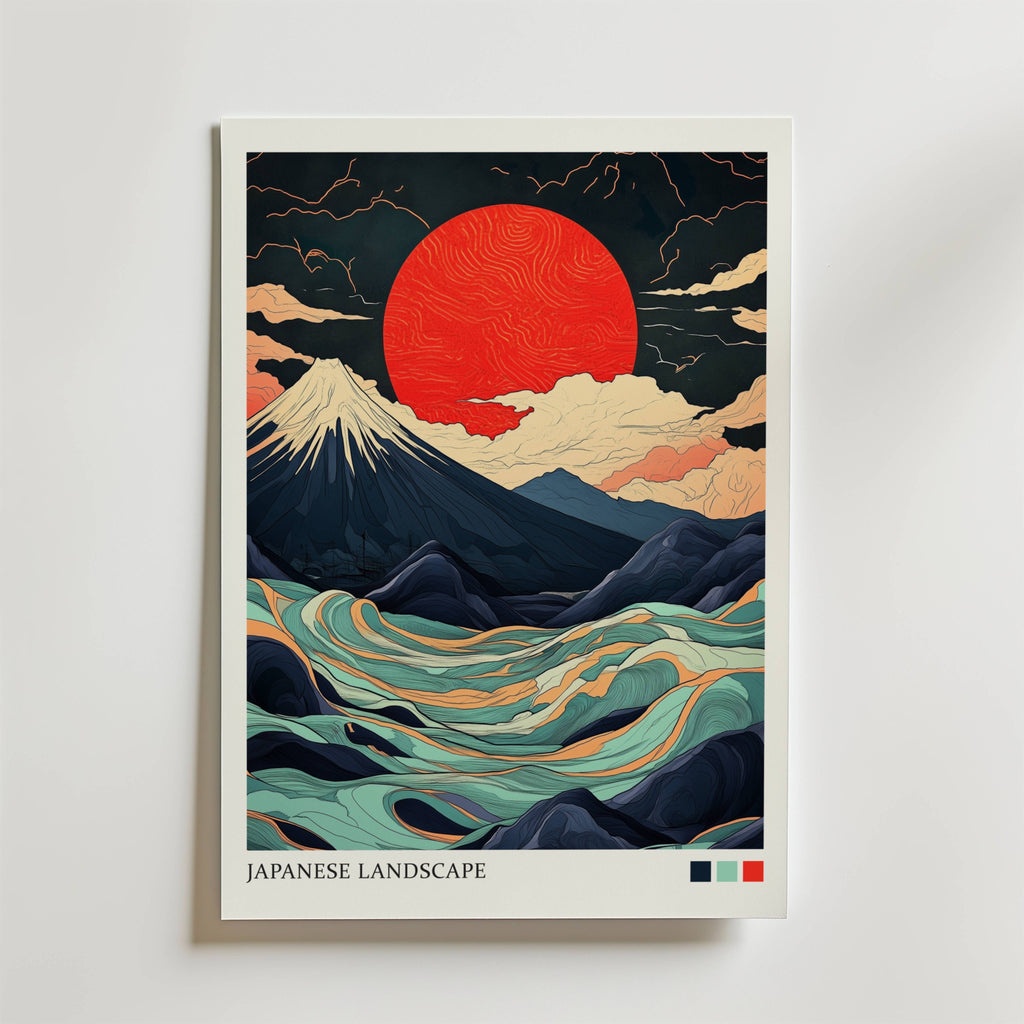 Bozetto's Japanese Landscape Abstract Poster har en modern, stiliserad japansk scen med en röd sol, snöiga Mount Fuji, virvlande vågor, dramatiska moln och "JAPANESE LANDSCAPE" längst ner.
