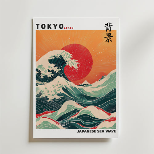 Bozetto Japanese Sea Wave Poster är en stiliserad Tokyo, Japan poster inspirerad av österländsk estetik och japansk retrostil, med en illustrerad havsvåg, stor röd sol, TOKYO JAPAN text och japanska tecken uppe till höger.