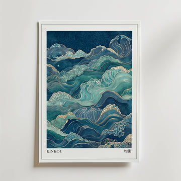 Kinkou Poster by Bozetto har stiliserade blå och teal havsvågor med guldaccenter, 