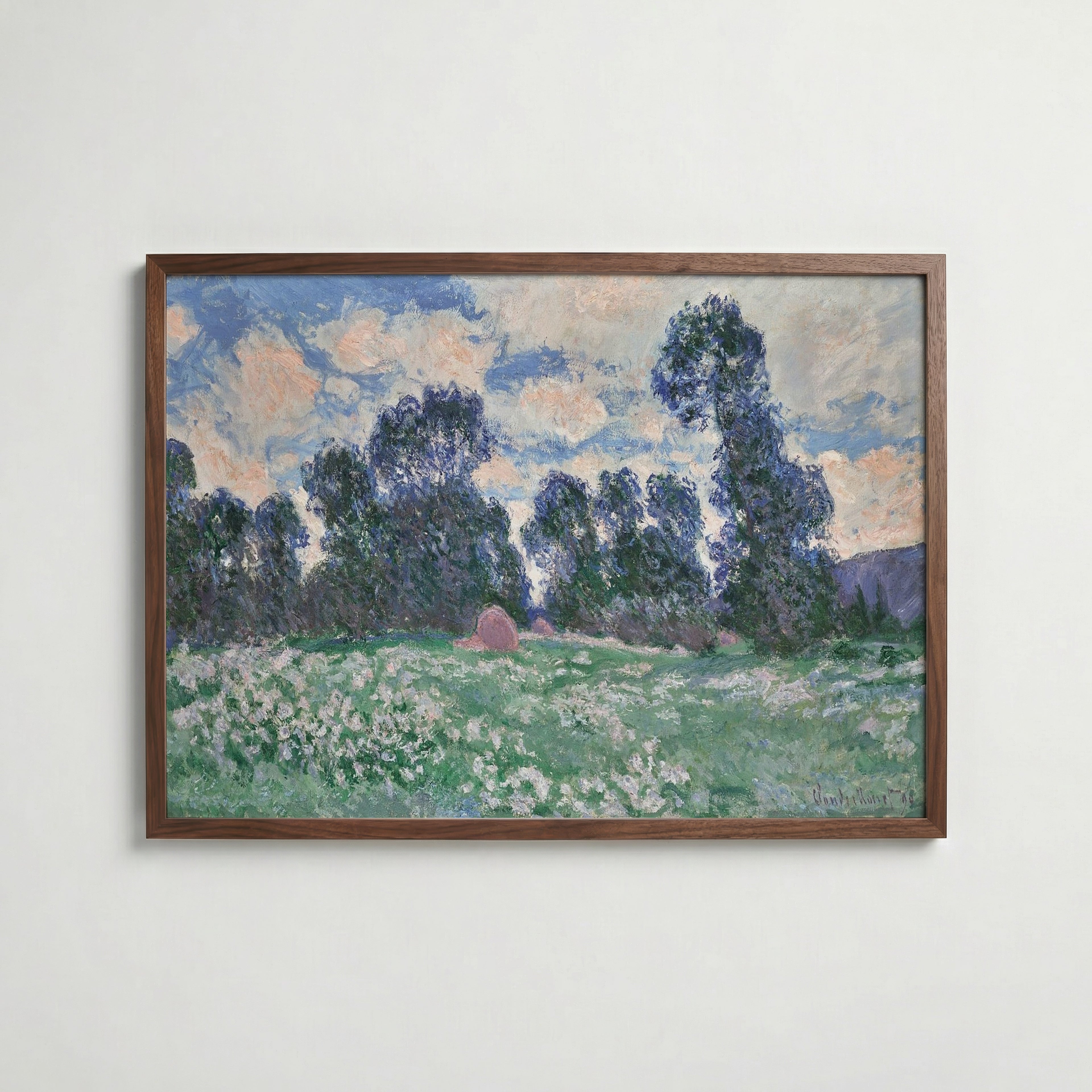 Claude Monet Spring Meadow Giverny 1890 affisch i valnötsram – mörkbrun inramning med lyxig känsla, Bozetto