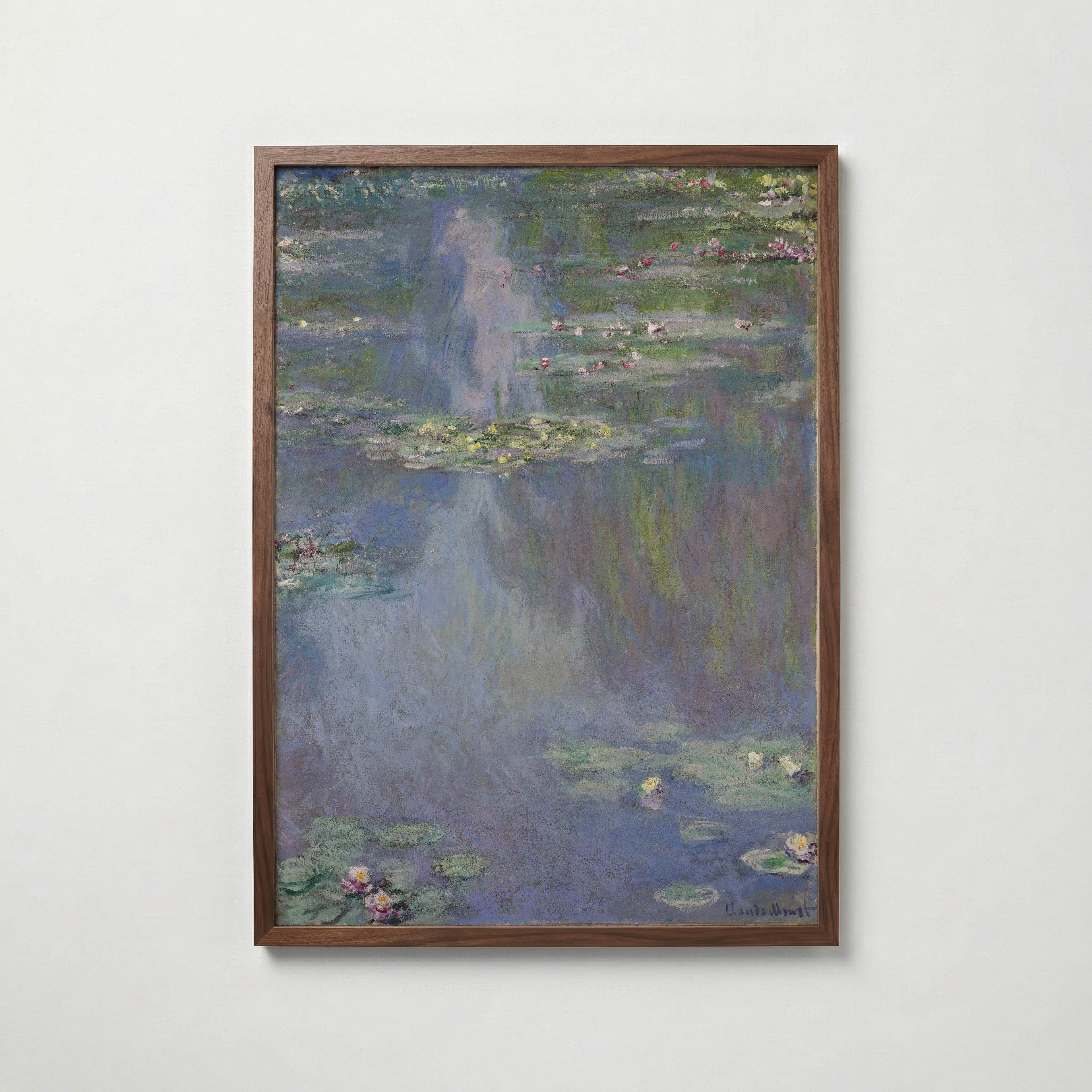 Claude Monet Water Lilies Blue 1907 affisch i valnötsram – mörkbrun inramning med lyxig känsla, Bozetto
