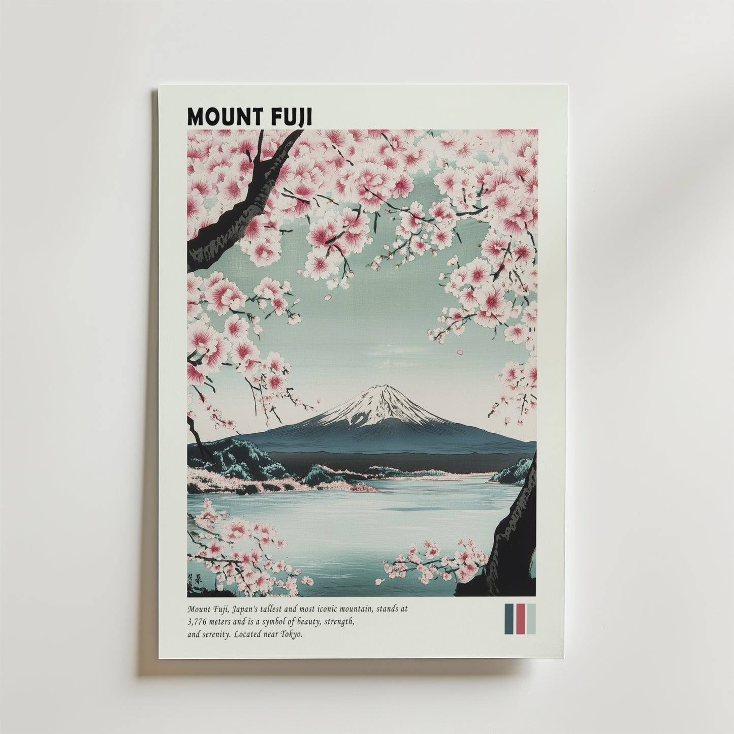 Mount Fuji Japan Poster från Bozetto visar det ikoniska berget inramat av blommande körsbärsblommor, en stilla sjö och klar himmel. Texten lyfter fram Mount Fuji som Japans högsta och mest kända topp.