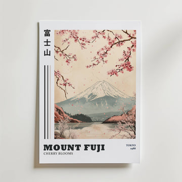 Mount Fuji Poster från Bozetto föreställer körsbärsträd framför Fuji, japansk elegans med japanska tecken, fet text 
