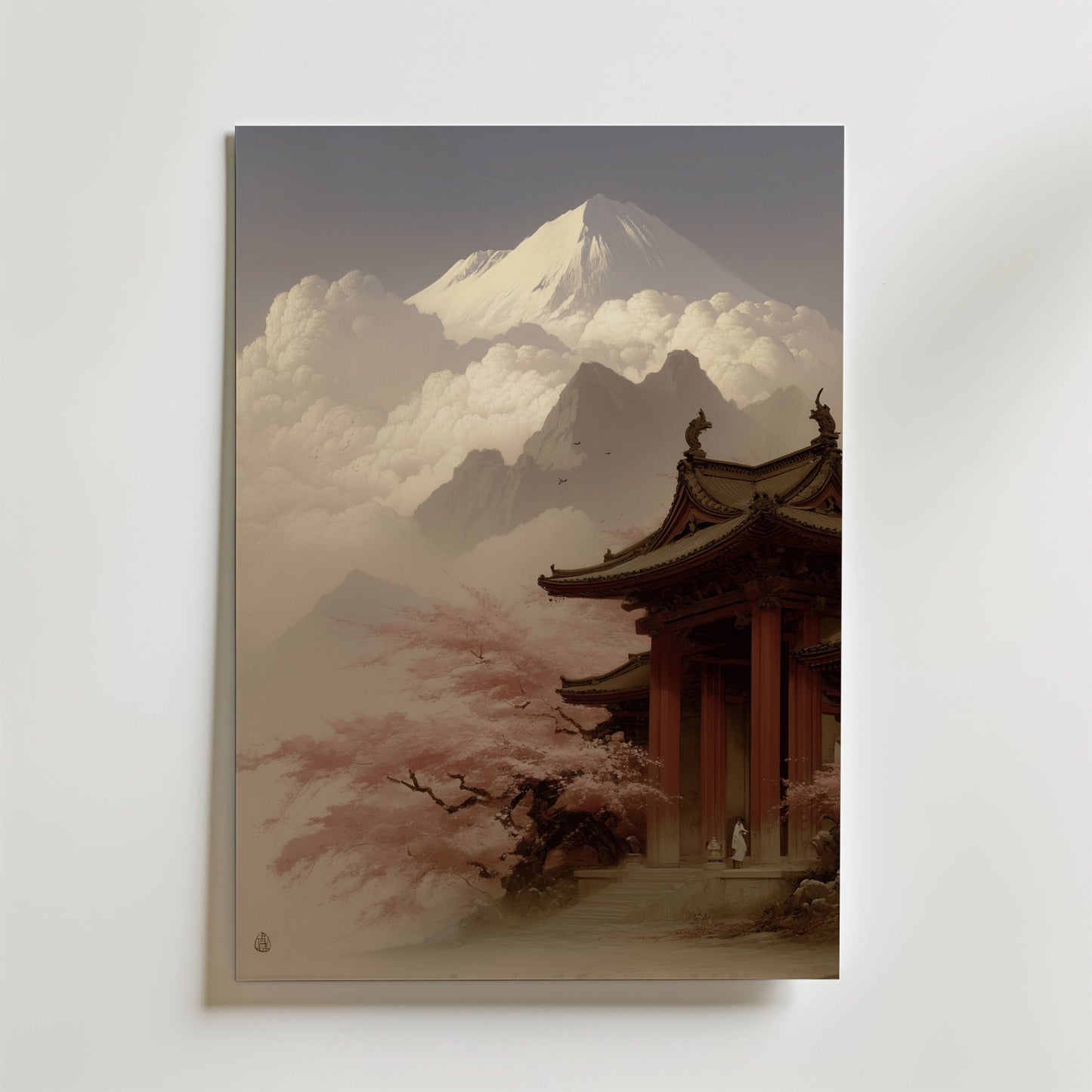 Postern Old Temple in Japan Poster från Bozetto föreställer ett lugnt japanskt tempel med böjda hustak, blommande körsbärsblommor och dimmiga Mount Fuji i bakgrunden under en ljus himmel.