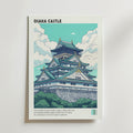 Bozetto Osaka Castle Poster visar landmärkets ikoniska tak med flera våningar, utsmyckade detaljer och historiska stenfundament, mot en blå himmel med moln och text om dess kulturella betydelse i Japan.
