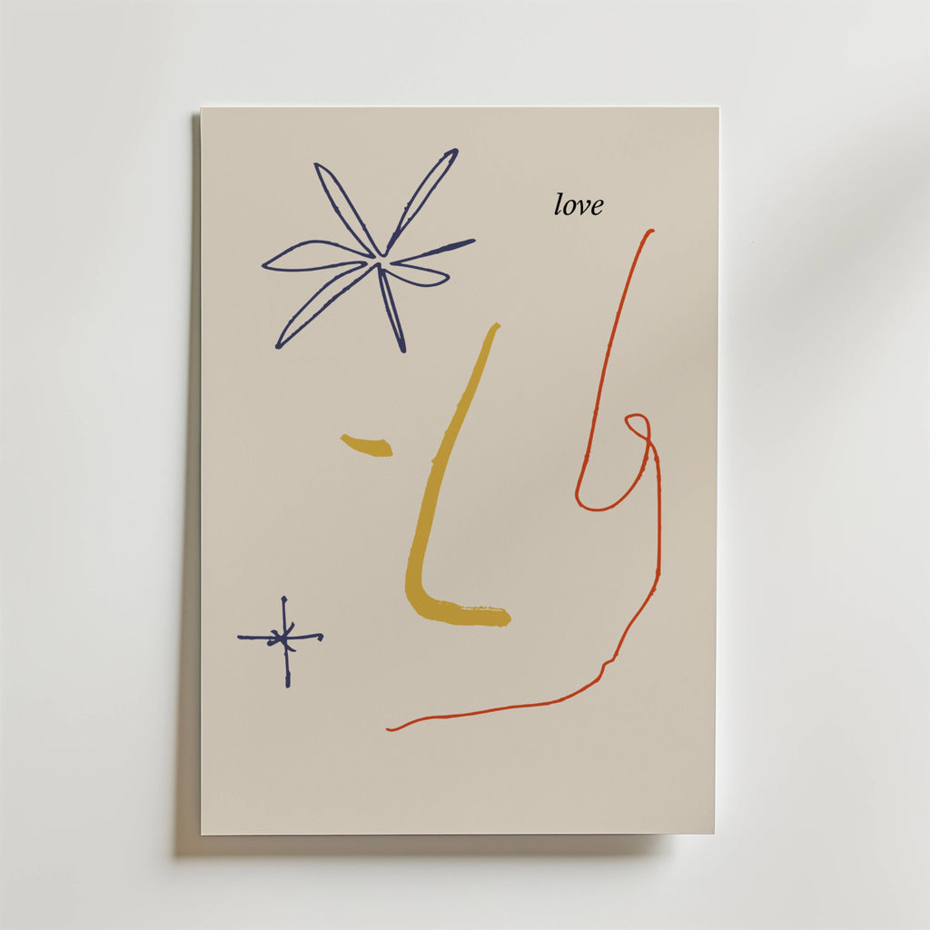 Bozetto Love Lines Poster är ett minimalistiskt abstrakt print med linjekonst, stjärnmotiv och "love" på en ljus bakgrund. Blå, gula och röda linjer framkallar kärlekskonst i denna moderna ansikte design.