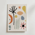 Garden of Shapes Poster by Bozetto har djärva svarta linjer, färgglada organiska former och penseldrag i orange, gult, blått och grått på en vit bakgrund för en minimalistisk och modern look.