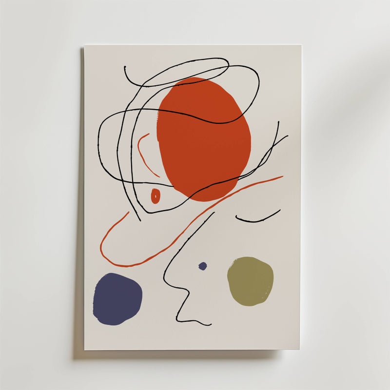 Orbit of a Mind Poster" från Bozetto visar en stor röd cirkel, blå och gröna prickar och abstrakta svarta linjer på vitt - en perfekt modern väggkonst för den som älskar abstrakt konst.