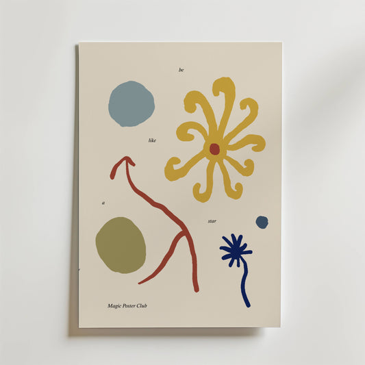 En minimalistisk Bozetto "The Language of Petals Poster" med abstrakta linjer och former i gult, blått, grönt och rött på en beige bakgrund. Nedre vänster text: be like a star och Magic Poster Club i litet typsnitt.