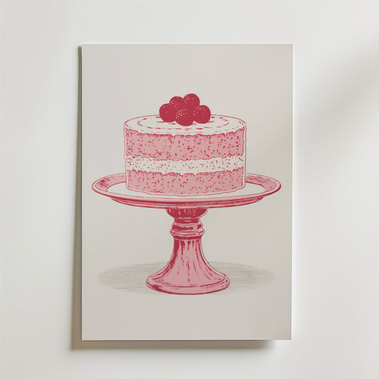 Bozetto Raspberry Cake Poster visar en minimalistisk illustration av en bärtoppad tårta i lager på ett stativ, i rosa och café-estetiska nyanser, mot en vit bakgrund för tidlös charm.