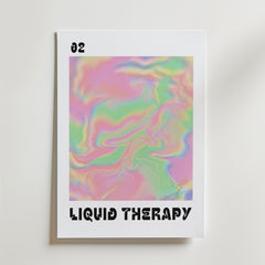 Bozettos Liquid Therapy Pastel Swirl Poster har en marmorliknande abstrakt design i mjuka skimrande toner, med "02" längst upp till vänster och "LIQUID THERAPY" i fet svart längst ner - perfekt för moderna interiörer.