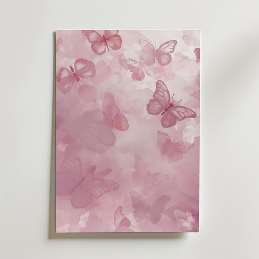 Pink Flutter Dream Poster by Bozetto har rosa fjärilar och blommönster på en ljusrosa bakgrund, perfekt för att skapa ett feminint rum med en mjuk, drömlik känsla.