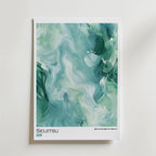 Bozetto Seijitsu Poster visar abstrakta gröna och blågröna marmorerade virvlar i en minimalistisk stil, med SEIJITSU och japanska tecken längst ner till vänster på en ljus bakgrund.