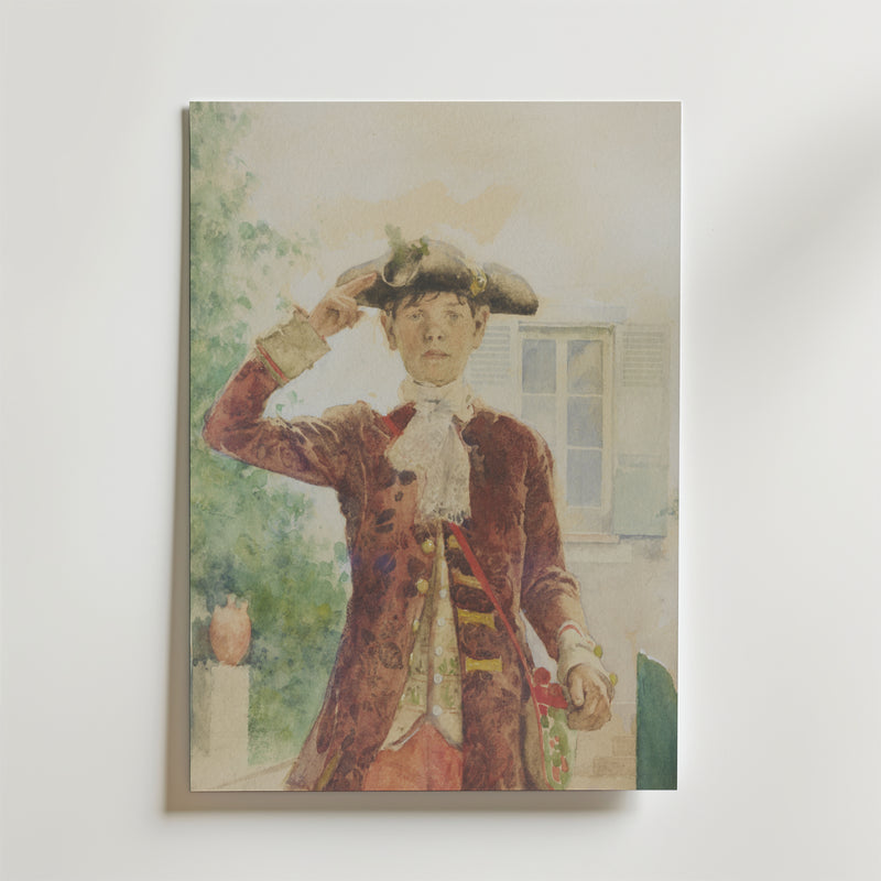 Bozetto Carl Larsson Stina Bergöö 1884 Poster har en stilren akvarell av en ung man i 1700-tals klädsel med trehörningshatt och röd rock, som gör honnör utomhus bland grönska och fönsterluckor - perfekt för romantisk inredning.