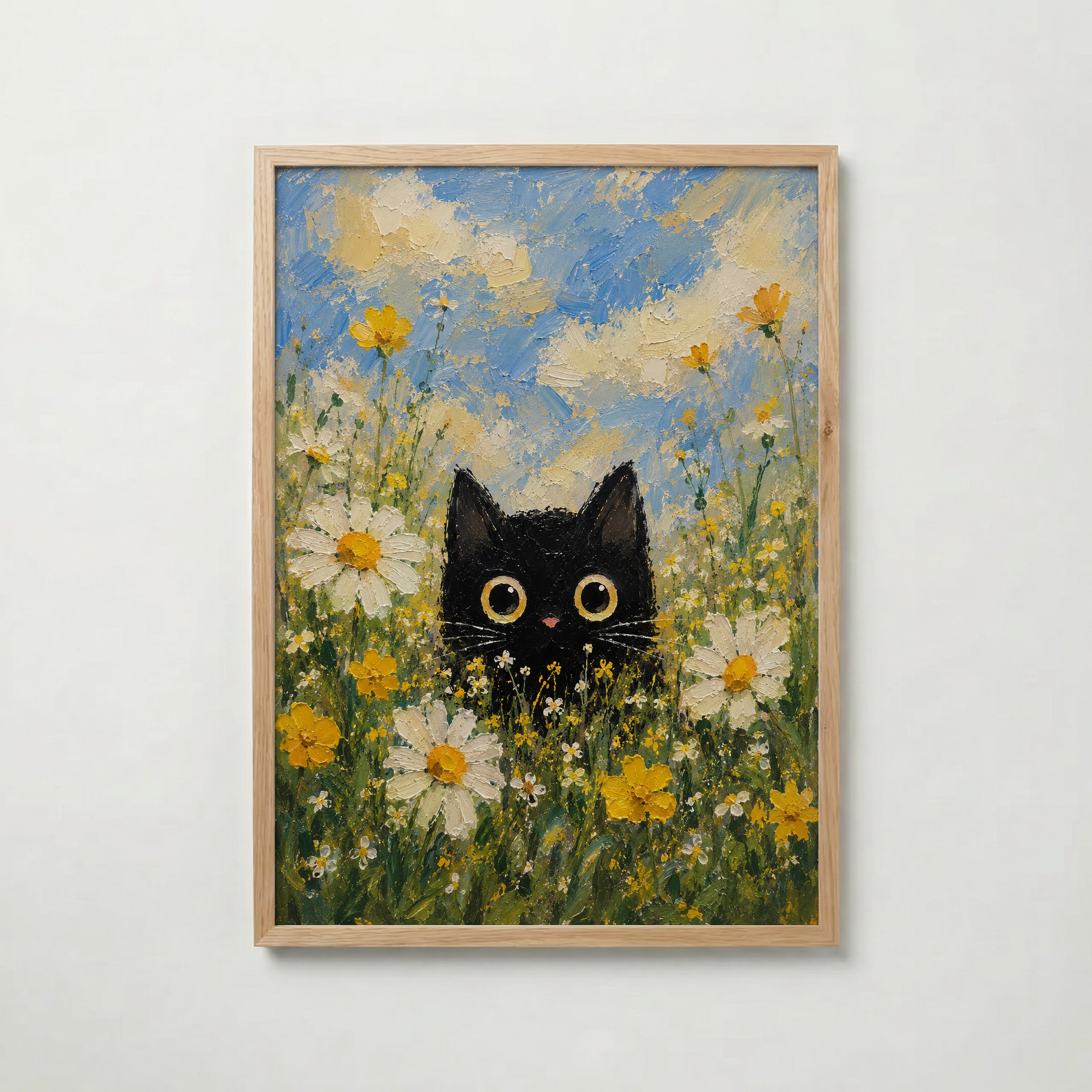 Summer Cat Poster – svart katt bland sommarblommor i ekram, väggkonst från Bozetto